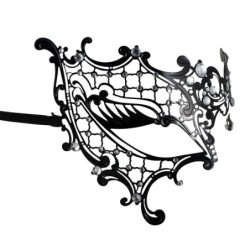 Schwarze venezianische Einaugenmaske - Metallspitze - Kristalle - Maskerade / Karneval