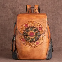 Retro-Rucksack für Damen - florale Prägung - echtes Leder - großes Fassungsvermögen