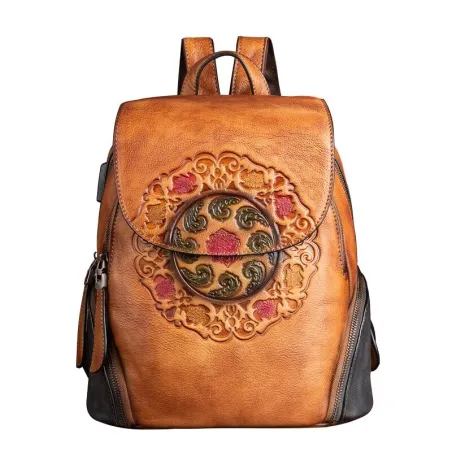 Retro-Rucksack für Damen - florale Prägung - echtes Leder - großes Fassungsvermögen