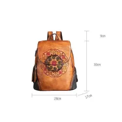 Retro-Rucksack für Damen - florale Prägung - echtes Leder - großes Fassungsvermögen