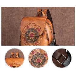 Retro-Rucksack für Damen - florale Prägung - echtes Leder - großes Fassungsvermögen
