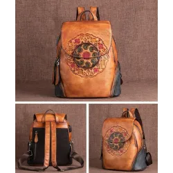 Retro-Rucksack für Damen - florale Prägung - echtes Leder - großes Fassungsvermögen