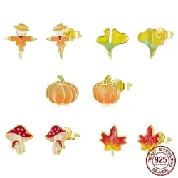 Trendige kleine Ohrstecker - 925er Sterlingsilber - Herbstedition - Vogelscheuche - Blatt - Kürbis