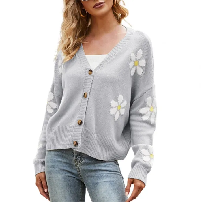 Klassischer Cardigan - Langarmpullover - mit Knöpfen - Blumenmuster