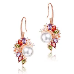 Elegante goldene Ohrringe - Perle - bunter Zirkonia