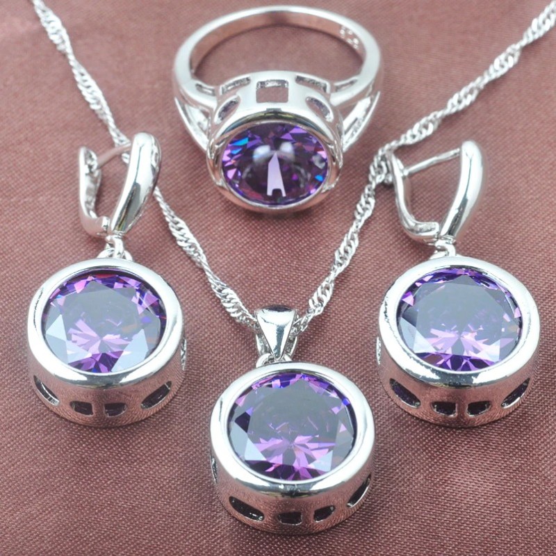 Fashionable silver jewellery set - with round zirconia - necklace - earrings - ringJewellery Sets