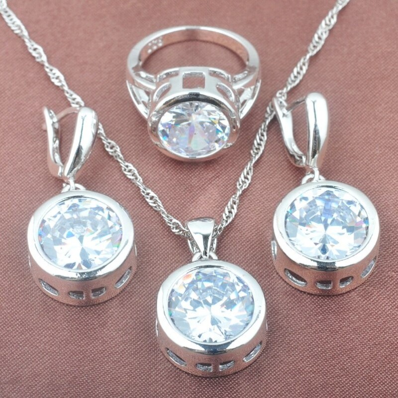 Fashionable silver jewellery set - with round zirconia - necklace - earrings - ringJewellery Sets