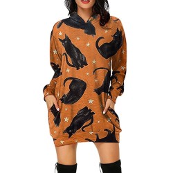 Mini-Kleid mit Kapuze - lockerer Pullover - mit Taschen - Halloween-Print - Kürbis - Katzen - Spinnennetz