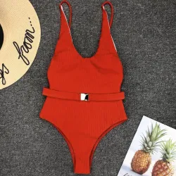 Sexy einteiliger gerippter Badeanzug - brasilianischer Monokini - mit Gürtel