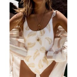 Sexy white one piece swimsuit - leaves printed - push up
