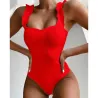 Sexy one piece ribbed swimsuit - decorative ruffles - push upBeachwear