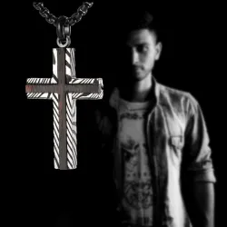 Damascus steel cross pendant - ebony wood - stainless steel necklaceNecklaces