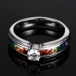 Fashionable ring - colorful rainbow zirconia - unisex - stainless steelRings