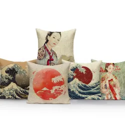 Dekorativer Kissenbezug - Japanischer Stil - Frau - Meereswellen - Sonnenaufgang - Berge - 40 cm * 40 cm - 45 cm * 45 cm