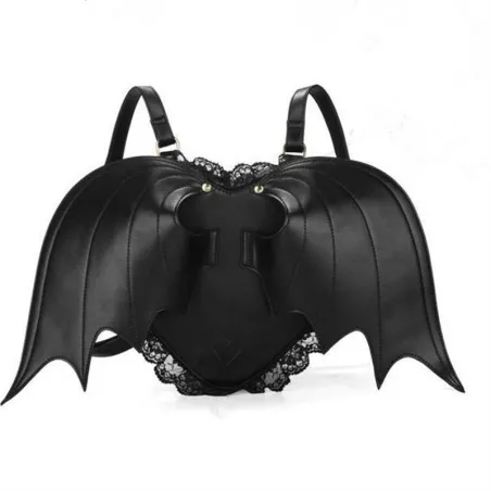 Schwarzer Lederrucksack - Punk-Stil - mit Fledermausflügeln