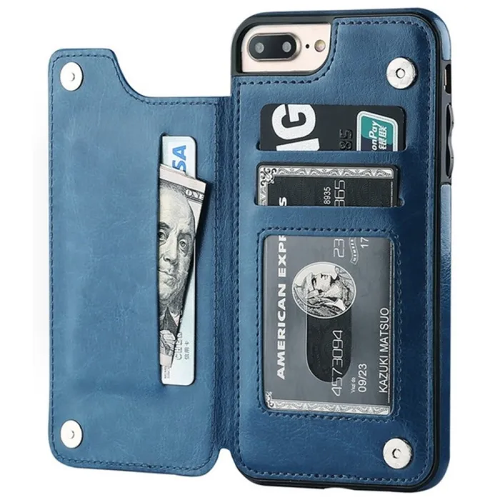 Retro-Kartenhalter – Handyhülle – Leder-Flip-Cover – Mini-Geldbörse – für iPhone – blau