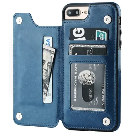 Retro-Kartenhalter – Handyhülle – Leder-Flip-Cover – Mini-Geldbörse – für iPhone – blau
