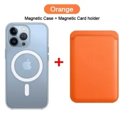 Magsafe kabelloses Laden – transparente Magnethülle – magnetischer Kartenhalter aus Leder – für iPhone – orange