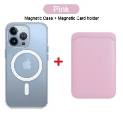 Magsafe kabelloses Laden – transparente Magnethülle – magnetischer Kartenhalter aus Leder – für iPhone – rosa