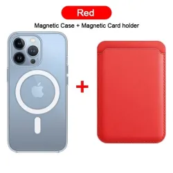 Magsafe kabelloses Laden – transparente Magnethülle – magnetischer Kartenhalter aus Leder – für iPhone – rot