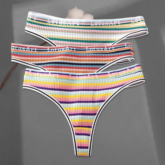 Bunt gestreifte Strings aus Baumwolle - niedrige Taille - 3 Stück