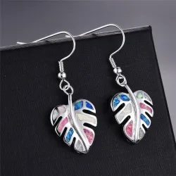 Silver dangle leaves earrings - colorful crystal opalEarrings