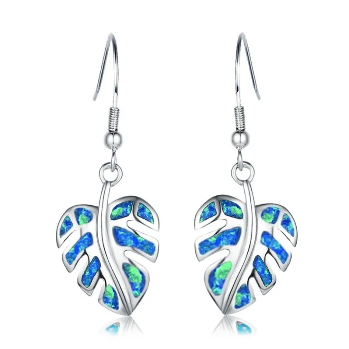 Silver dangle leaves earrings - colorful crystal opalEarrings