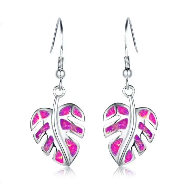 Silver dangle leaves earrings - colorful crystal opalEarrings