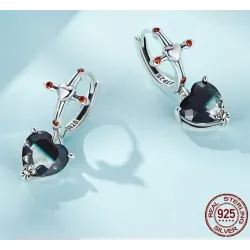 Round silver earrings - cross - black crystal dangle heart - 925 sterling silverEarrings