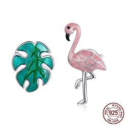925 sterling silver earrings - pink flamingo / green leaf