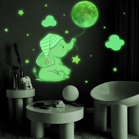 Leuchtender Wandaufkleber – Elefantenbaby / Mond / Luftballons – Tapete für Kinderzimmer