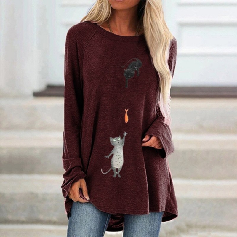 Langarm-T-Shirt - langer Pullover - zwei Katzen / Fischdruck