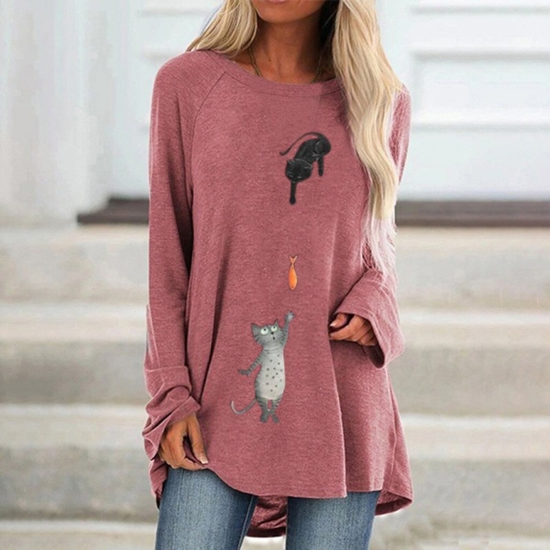 Long sleeve t-shirt - long pullover - two cats / fish printBlouses & shirts