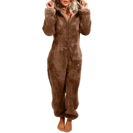 Langer Winterpyjama - Plüsch Strampler - mit Reißverschluss / Kapuze
