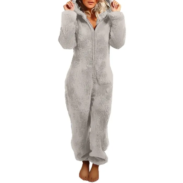 Langer Winterpyjama - Plüsch Strampler - mit Reißverschluss / Kapuze