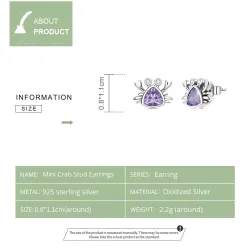 Krebsförmige Ohrringe - lila Zirkon - 925er Sterlingsilber