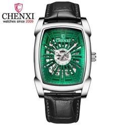 CHENXI - quadratische Automatikuhr - hohl geschnitztes Design - Lederarmband - silber / grün