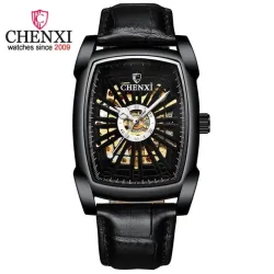CHENXI – quadratische Automatikuhr – hohl geschnitztes Design – Lederarmband – schwarz