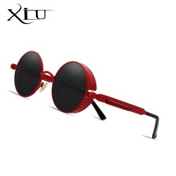 Runde Gothic-/Steampunk-Sonnenbrille – rote Gläser – Metallrahmen – UV 400 – Unisex