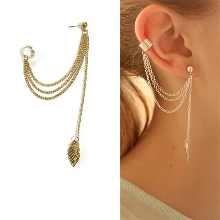 Punk / Rock Style - Ohrring mit Kette / Blatt - langer Ohrclip