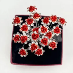 Silver hair pins - red rose / crystals - 20 piecesHair clips