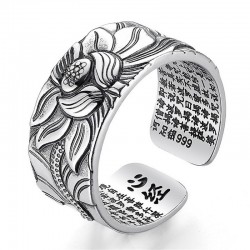 Buddhistischer Herz-Sutra-Ring - Lotus - Silber - Größenveränderbar - Unisex