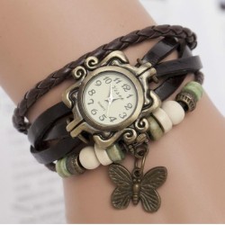 Vintage mehrschichtiges Armband - mit Quarzuhr - Perlen / Schmetterling