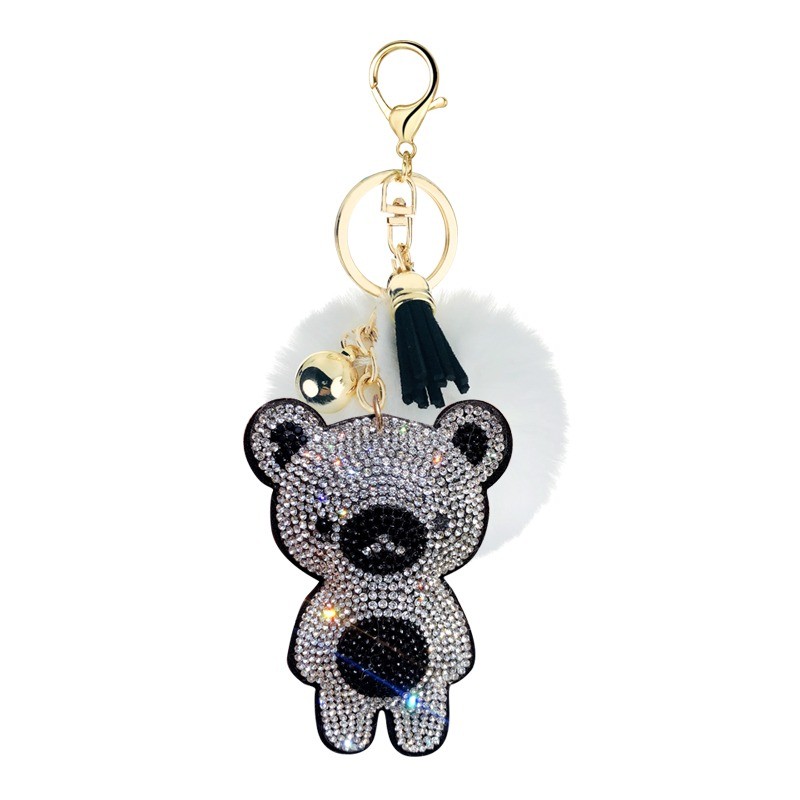 Kristall-Teddybär mit Fellbommel - Schlüsselanhänger