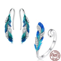 Elegantes Schmuckset - Ohrringe - Ring - blaugrüne Feder mit Kristallen - 925er Sterlingsilber