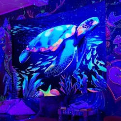 Fluoreszierender Wandteppich - leuchtende Schildkröte - Unterwasserwelt bedruckt