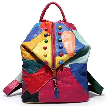 Lederrucksack - mit Nieten - bunte Regenbogenfarben