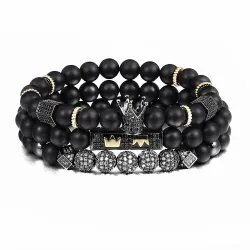 Schwarzes Perlenarmband mit Krone - 3 Stück