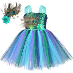 Pfauenkostüm - Kleid mit Federn / Blumen