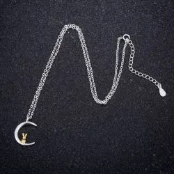 Crescent moon / golden rabbit pendant - silver necklaceNecklaces